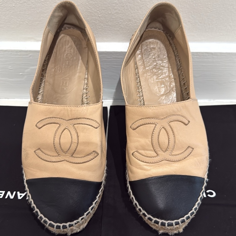 CHANEL Tan and Black Espadrille Slip-On Shoes